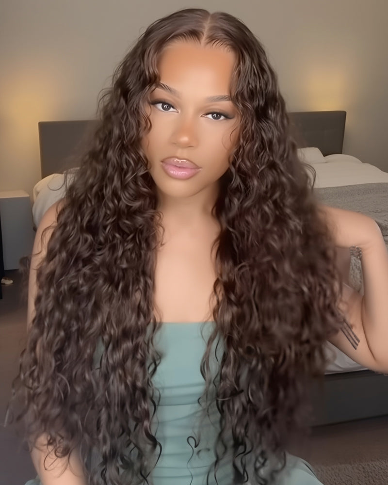 Selena 13x4 Lace Frontal Wig Water Wave With Drawstring Natural Black 100% Human Hair Wig