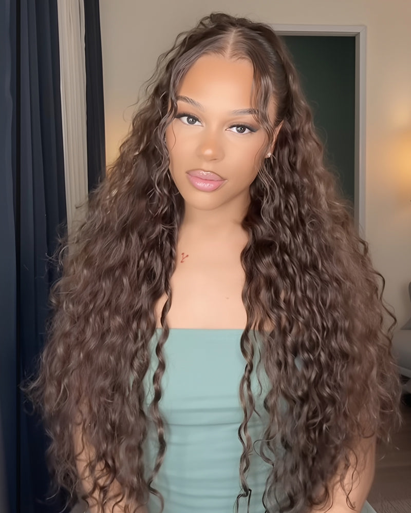 Selena 13x4 Lace Frontal Wig Water Wave With Drawstring Natural Black 100% Human Hair Wig