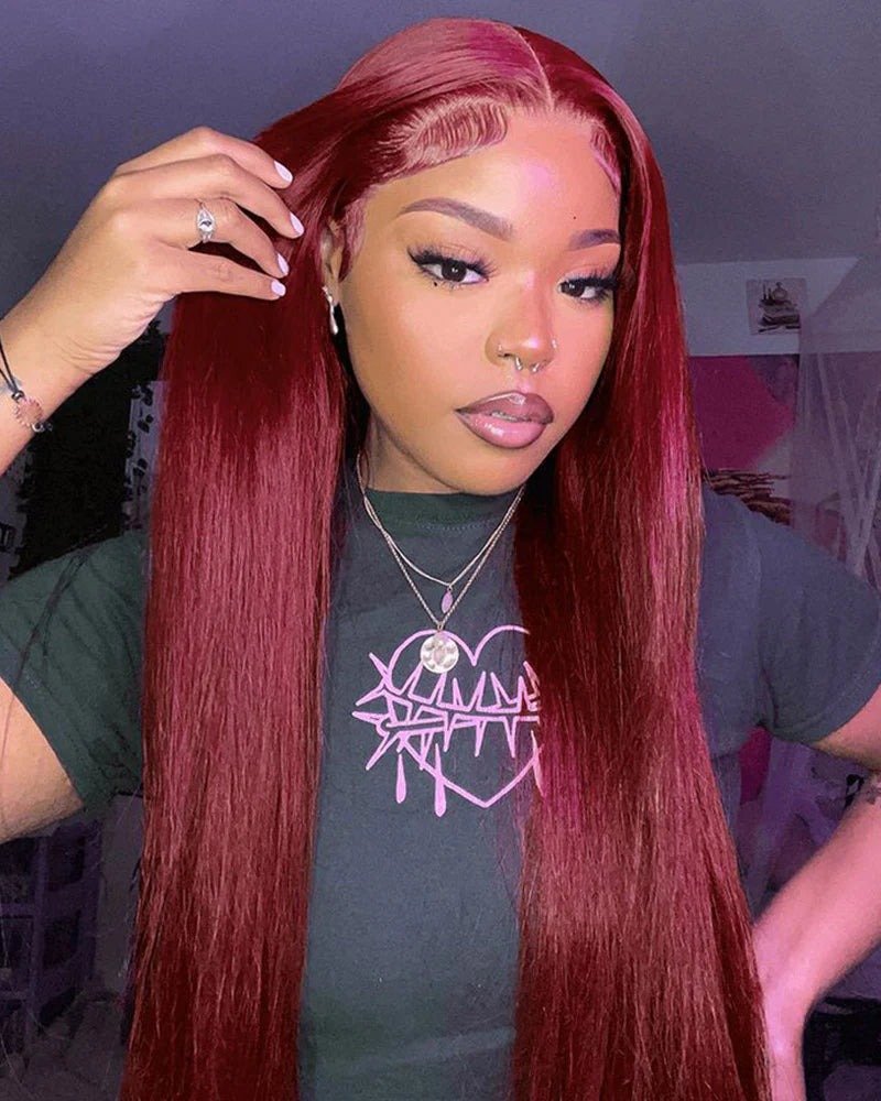 Selena 13x4 HD Transparent Frontal Lace Burgundy Hair Loose Deep Wave Wig Realistic Hairline