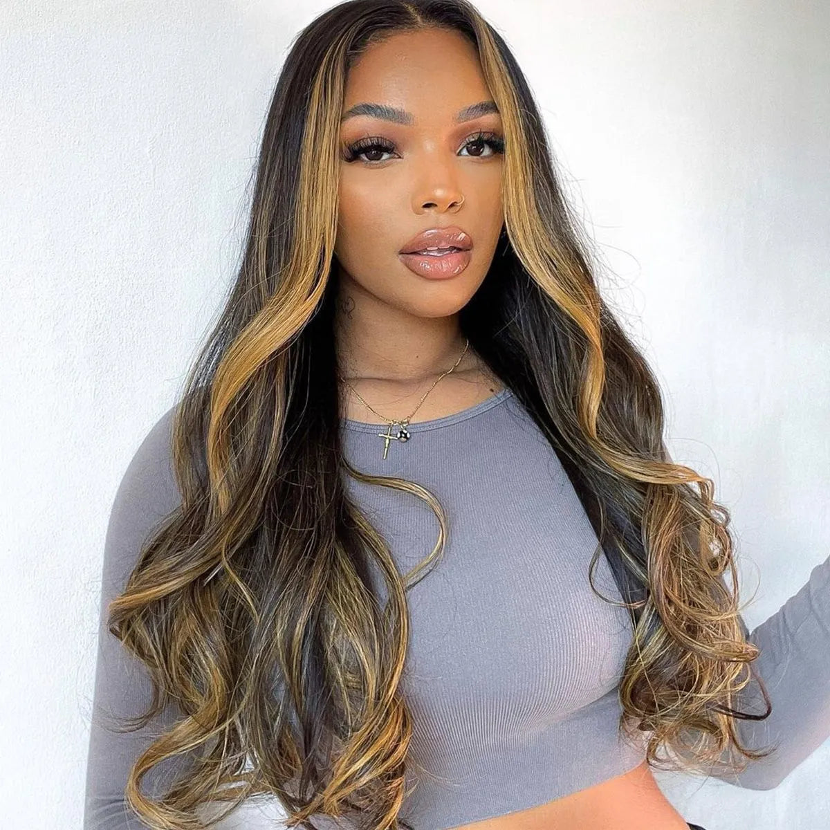 Selena 13x4 HD Transparent Frontal Lace Auburn Highlights on Black Hair Body Wave Wig Invisible Knots Realistic Hairline