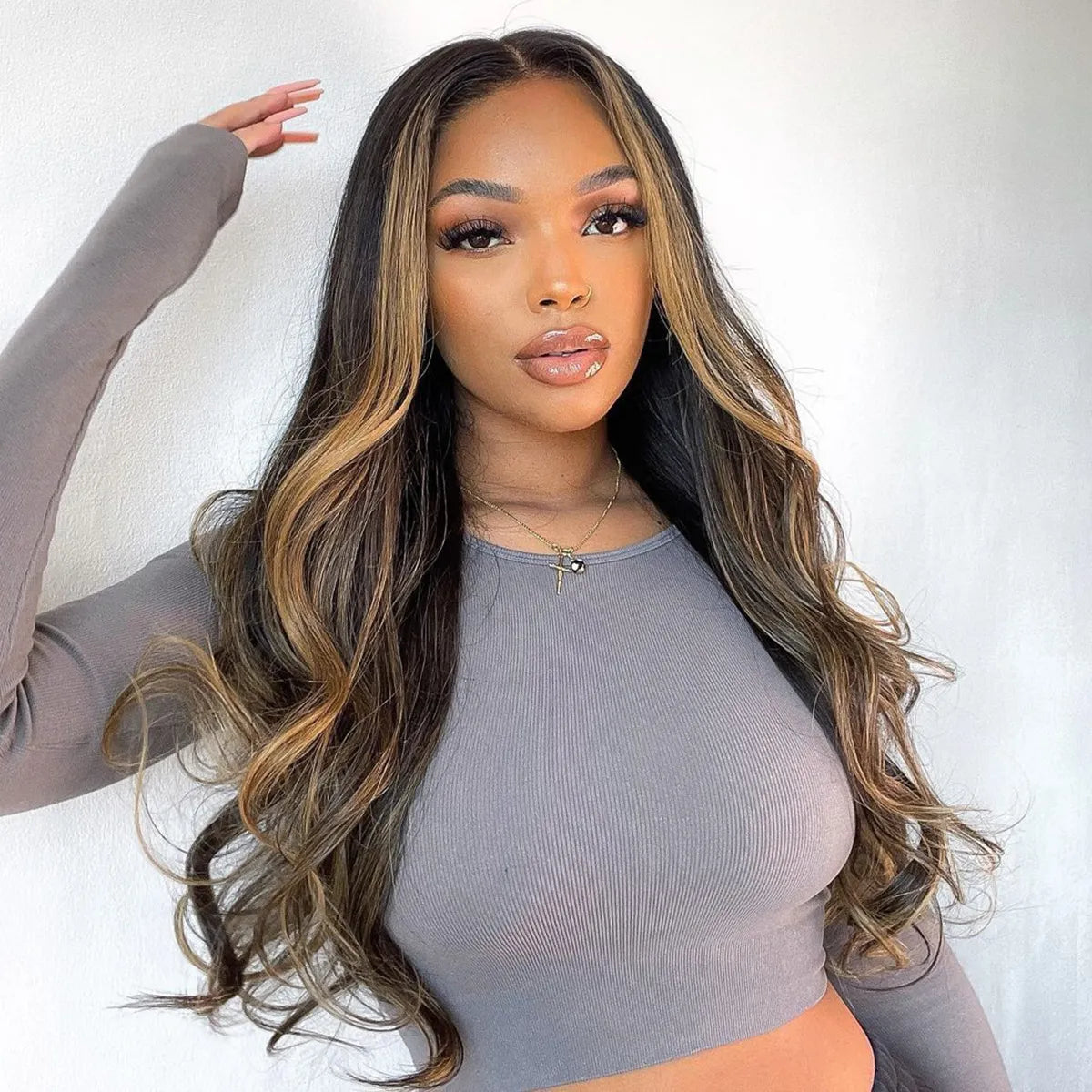 Selena 13x4 HD Transparent Frontal Lace Auburn Highlights on Black Hair Body Wave Wig Invisible Knots Realistic Hairline
