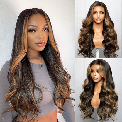 Selena 13x4 HD Transparent Frontal Lace Auburn Highlights on Black Hair Body Wave Wig Invisible Knots Realistic Hairline