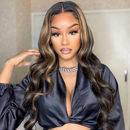 Selena 13x4 HD Transparent Frontal Lace Auburn Highlights on Black Hair Body Wave Wig Invisible Knots Realistic Hairline
