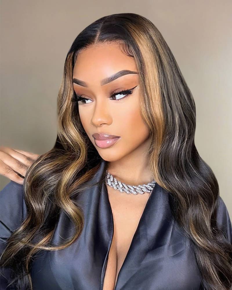 Selena 13x4 HD Transparent Frontal Lace Auburn Highlights on Black Hair Body Wave Wig Invisible Knots Realistic Hairline