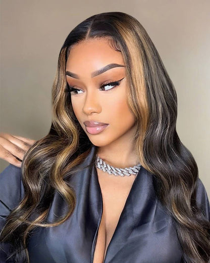 Selena 13x4 HD Transparent Frontal Lace Auburn Highlights on Black Hair Body Wave Wig Invisible Knots Realistic Hairline
