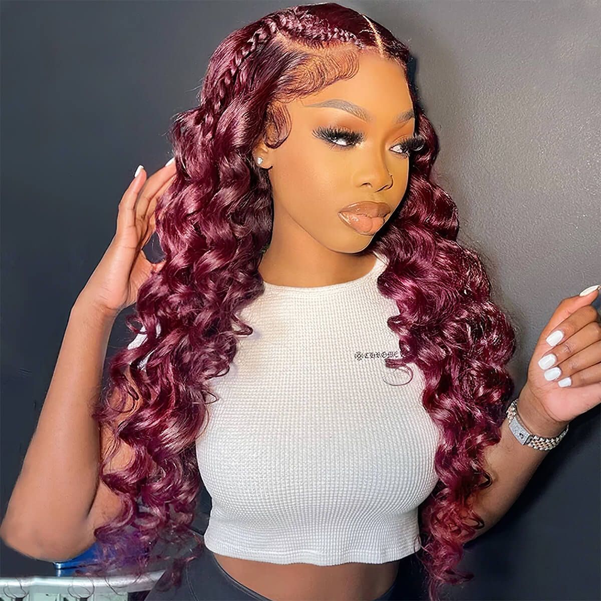Selena 13x4 HD Transparent Frontal Lace Burgundy Hair Loose Deep Wave Wig Realistic Hairline
