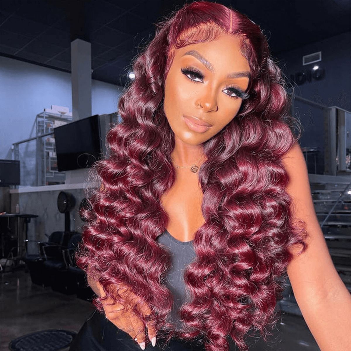 Selena 13x4 HD Transparent Frontal Lace Burgundy Hair Loose Deep Wave Wig Realistic Hairline