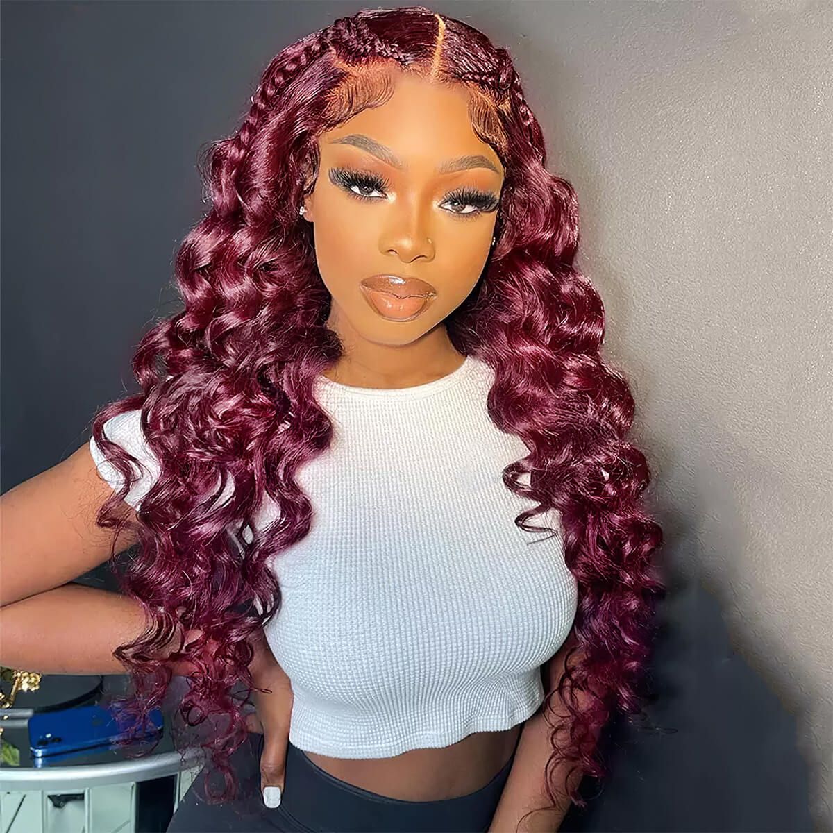 Selena 13x4 HD Transparent Frontal Lace Burgundy Hair Loose Deep Wave Wig Realistic Hairline